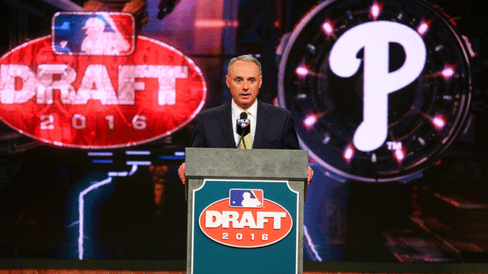 MLB commissioner Rob Manfried announced the Phillies' 2016 first-round pick at the MLB draft. (Photo: Getty Images)
