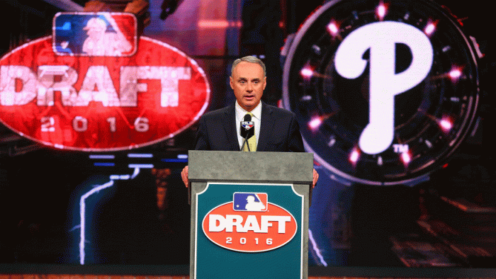 MLB commissioner Rob Manfried announced the Phillies' 2016 first-round pick at the MLB draft. (Photo: Getty Images)