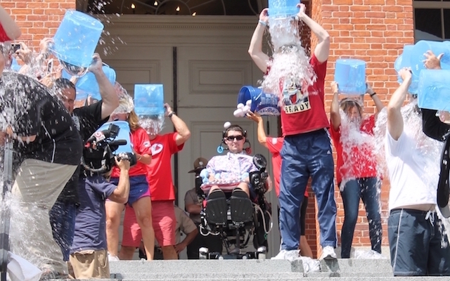 Pete Frates took part in an Ice Bucket Challenge on the front steps of the State House in 2015 with Gov. Charlie Baker and other state officials. Photo: Sam Doran/SHNS/Aug. 10, 2015