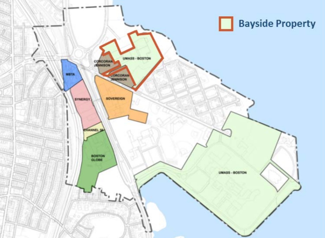 The University of Massachusetts is exploring a mixed-use development on the 20-acre Bayside property at Columbia Point. Photo: Courtesy UMass]