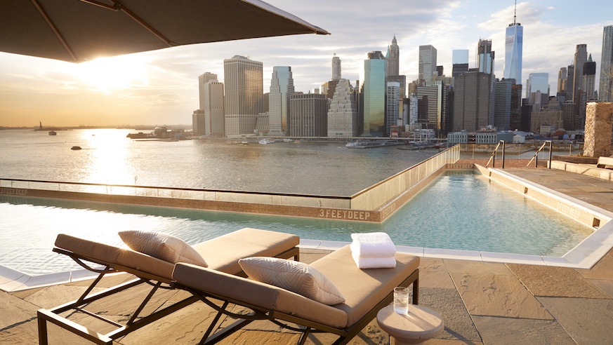 Take in the city from 1 Rooftop Pool at 1 Hotel Brooklyn Bridge.