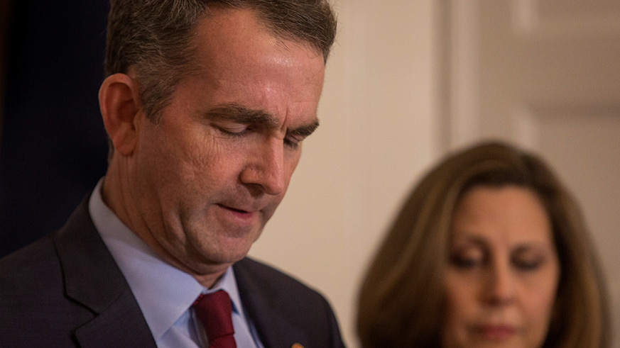 Virginia Governor Ralph Northam, accompanied by his wife Pamela Northam announces he will not resign during a news conference in Richmond, Virginia, U.S. February 2, 2019. Picture taken February 2, 2019. REUTERS/ Jay Paul