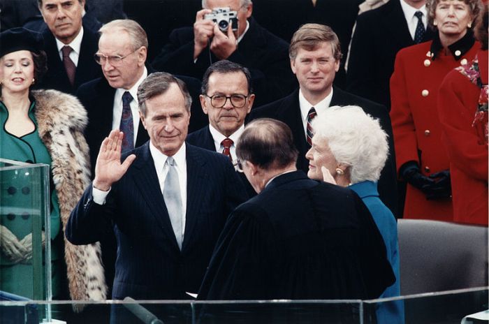 George H. W. Bush is sworn in as the 41st president in 1989.
