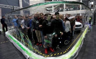 Czech bubble artist surrounds 275 students with soap ‘screen’ to claim record