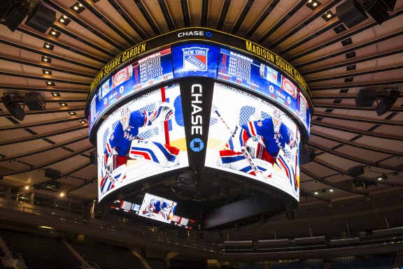The scoreboard at Madison Square Garden shows Rangers goalie Henrik Lundqvist during a game against the Canadiens. [Getty Images]