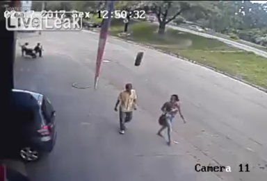 VIDEO: Man gets struck by stray tire in Brazil