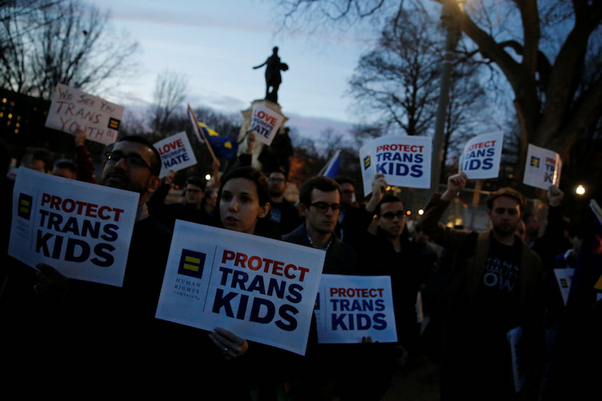 Protest at Stonewall Inn hits back at Trump’s transgender policy reversal