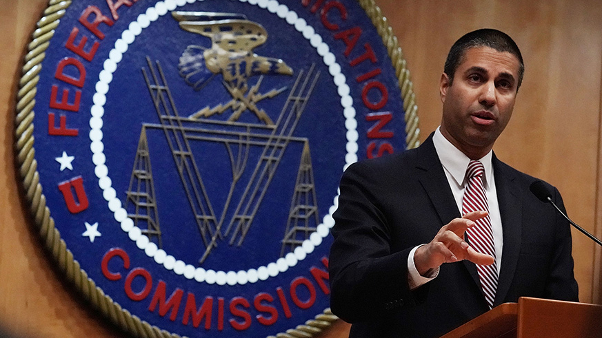 Federal Communications Commission Chairman Ajit Pai speaks to members of the media after a commission meeting December 14, 2017 in Washington, DC. FCC has voted to repeal its net neutrality rules at the meeting. Credit: Getty Images