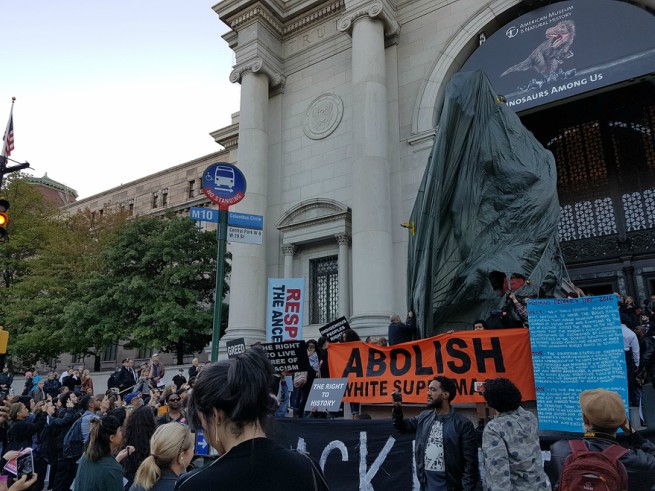 Anti-Columbus Day activists host alternative tour of the American Museum of Natural History.