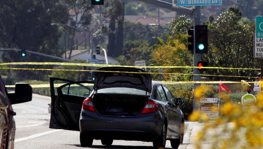 A car, allegedly used by the gunman who killed one at the Congregation Chabad synagogue in Poway, is pictured, few hundred feet from the Interstate 15 off-ramp north of San Diego, California, U.S. April 27, 2019.