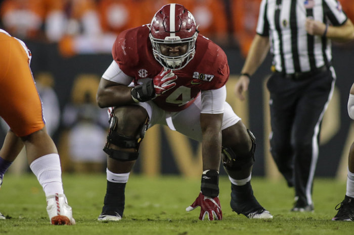 Alabama offensive tackle Cam Robinson gets set during the 2017 National Championship Game against Clemson. (Getty Images)