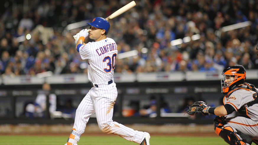 Michael Conforto blasts a home run against the San Francisco Giants during a 2017 regular season game. (Photo: Getty Images)