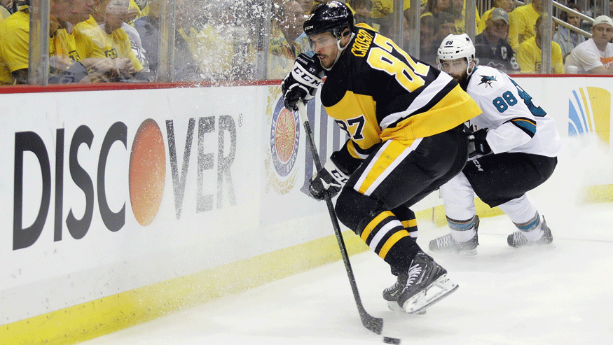 Sidney Crosby and the Penguins take on Brent Burns and the Sharks on Tuesday night. (Photo: Getty Images)