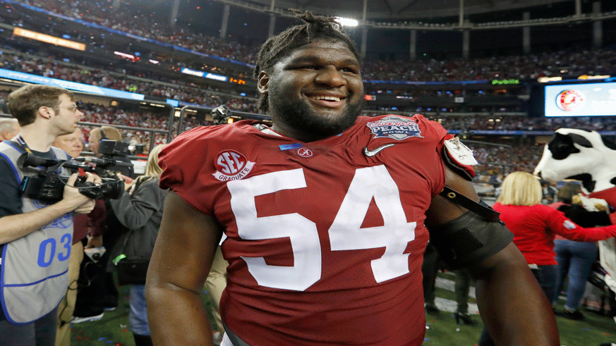 Alabama defensive lineman Dalvin Tomlinson after his team clinched a berth to the College Football National Championship. (Getty Images)