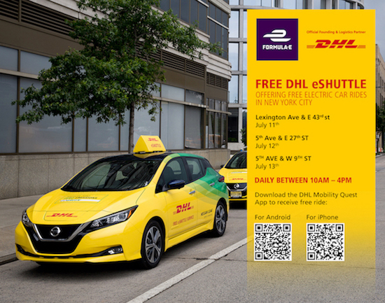 In conjunction with this weekend’s Formula E Eprix in Red Hook, DHL is offering free, zero-emission rides in Nissan Leafs in Manhattan. (DHL)
