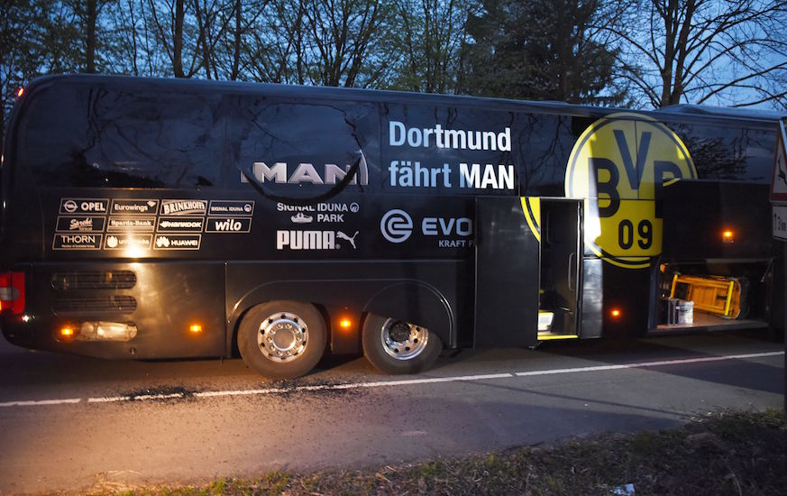 The Borussia Dortmund bus that was hit by three explosions on Tuesday.