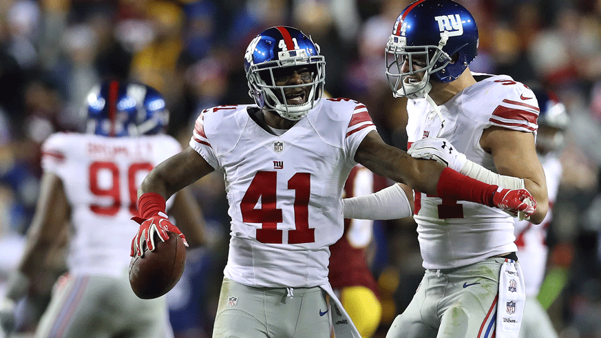 Giants defensive back Dominique Rodgers-Cromartie celebrates an interception against the Washington Redskins. (Photo: Getty Images)