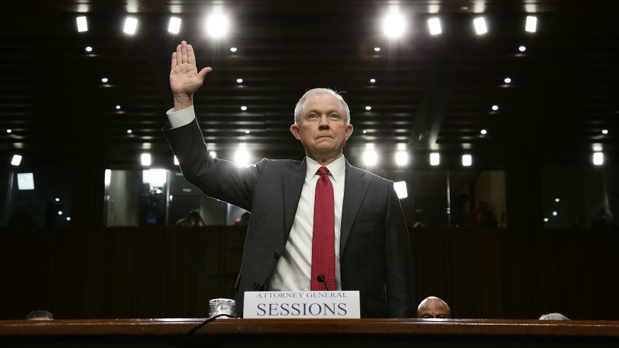 Attorney General Jeff Sessions is sworn-in prior testifying before the Senate Intelligence Committee on Tuesday.
