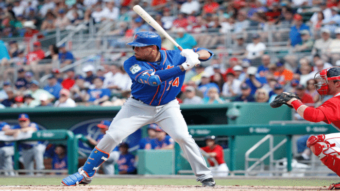 Mets prospect Dominic Smith at bat against the Boston Red Sox during a 2017 spring training game. (Getty Images)