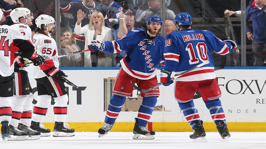 Rangers center Oscar Lindberg celebrates one of his two goals in Game 4 of the Eastern Conference semifinals against the Senators. (Getty Images)