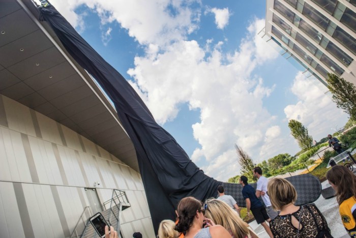 A 68-foot replica of a Warrior QX hockey stick was unveiled at the Warrior Ice Arena, the new Bruins practice facility built at the New Balance headquarters. Photo: Derek Kouyoumjian/Metro