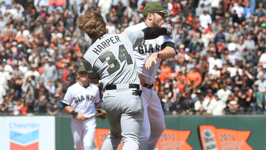 Nationals star Bryce Harper lands a blow on Giants pitcher Hunter Strickland. (Photo: Getty Images)
