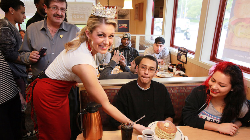 Miss America doesn't just walk into anynone's house and serve breakfast, but that's not good enough for the International House of Pancakes.