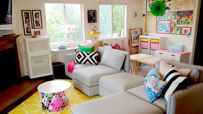 Dividing a multipurpose room into zones keeps everyone happy without compromising comfort. Credit: Ikea