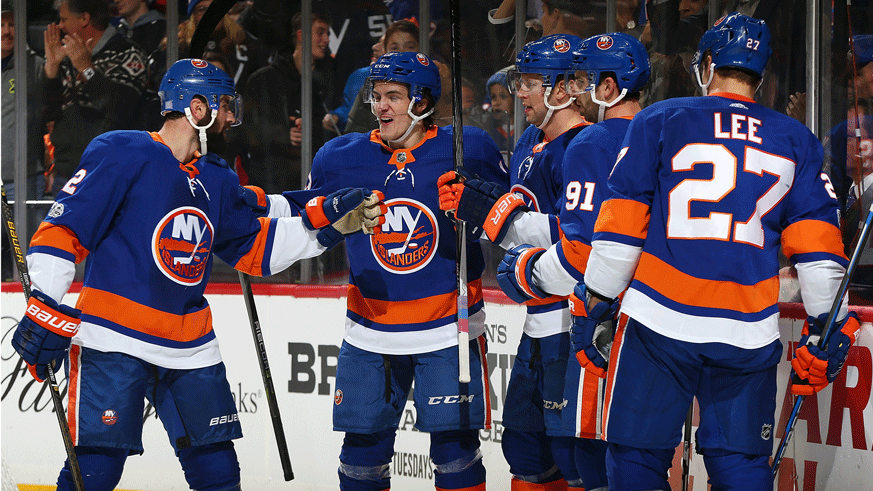 Mathew Barzal (second from left), John Tavares (91), Josh Bailey (second from right) and Anders Lee (27) are leading the Islanders offense this season. (Photo: Getty Images)