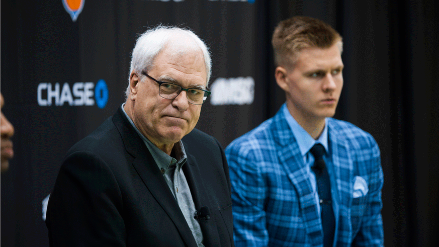 New York Knicks president Phil Jackson during Kristaps Porzingis' introductory press conference. (Photo: Getty Images)