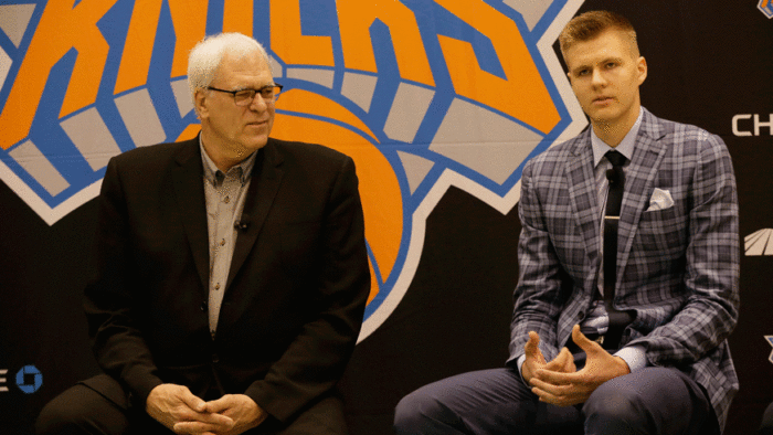 Knicks president Phil Jackson and draft pick Kristaps Porzingis at his introductory press conference in 2015. (Photo: Getty Images)