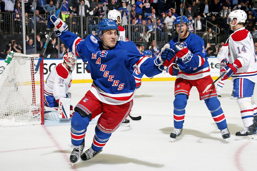 Rangers forward Jesper Fast celebrates his goal during Game 4 of the Eastern Conference quarterfinals against the Montreal Canadiens. (Getty Images)