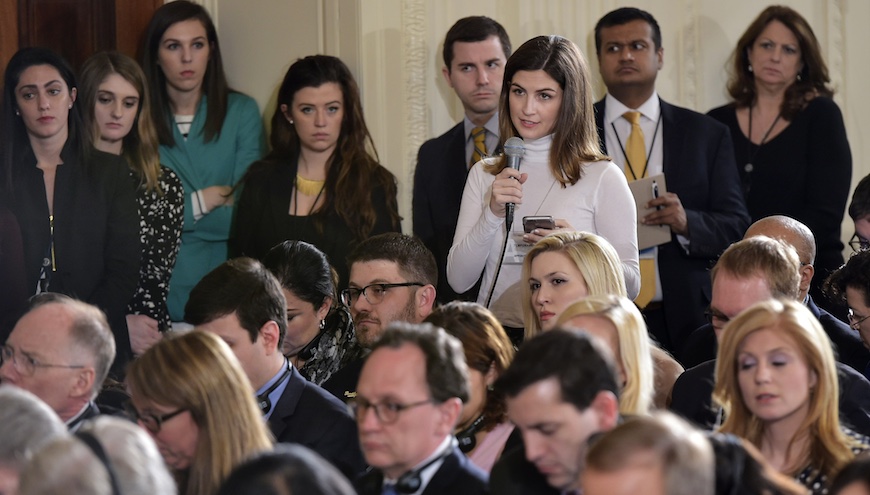 Reporter Kaitlan Collins asks a question during a press conference by US President Donald Trump and Canada's Prime Minister Justin Trudeau in the East Room of the White House on February 13, 2017 in Washington, DC. Photo: Getty Images