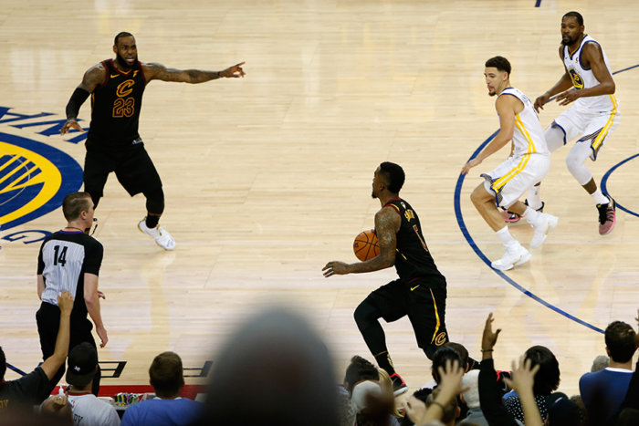 Lebron James reacts to J.R. Smith during Game 1 of the Finals