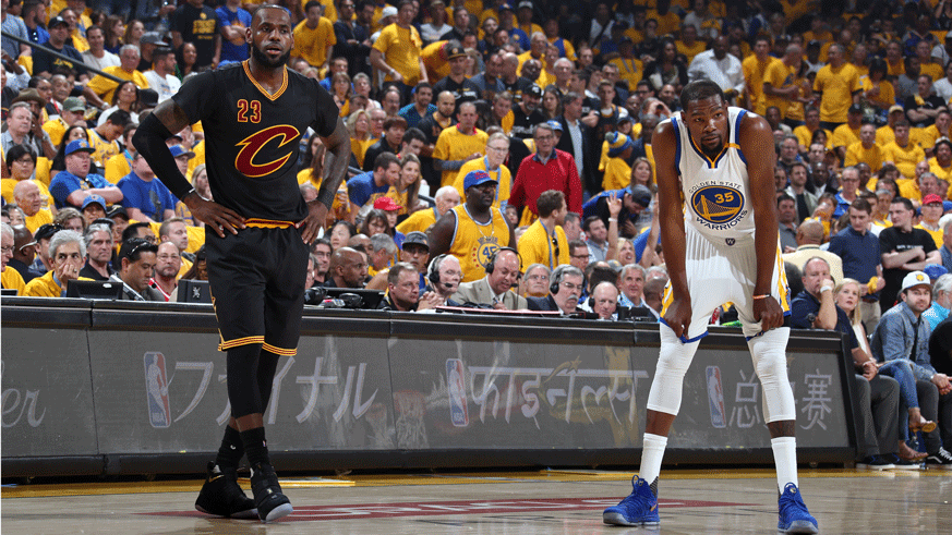 LeBron James and Kevin Durant during Game 2 of the 2017 NBA Finals. (Photo: Getty Images)