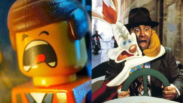 Emmet in The Lego Movie, and Bob Hoskins and Roger Rabbit