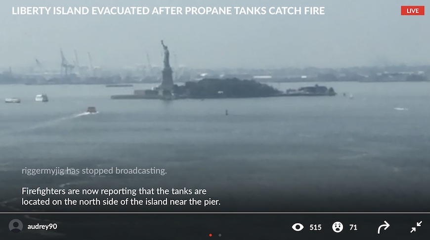 A propane-fueled fire on Liberty Island, home of NYC's Statue of Liberty, reportedly led to evacuations Monday morning. Photo: Citizen App