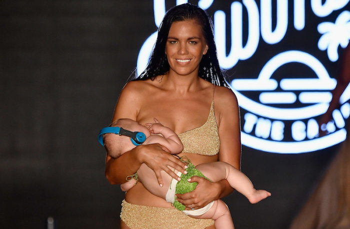 Model Mara Martin breastfeeds during Sports Illustrated Swimsuit show