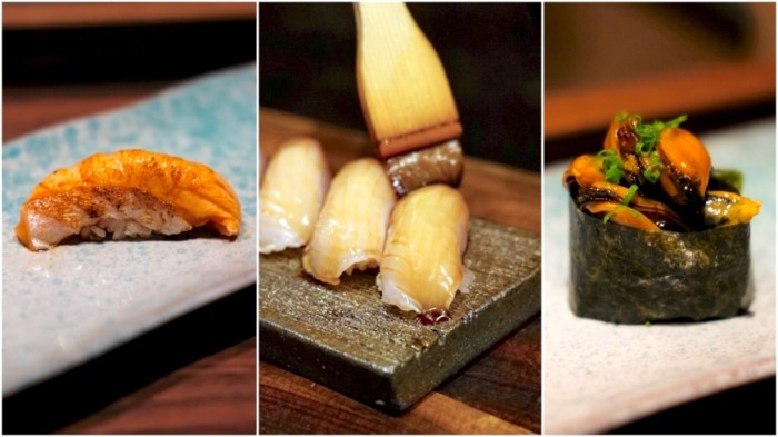 Selections from Mayanoki's omakase menu, which changes with the catch and seasons: torched Arctic char belly, Spanish mackerel, Prince Edward Island mussels.