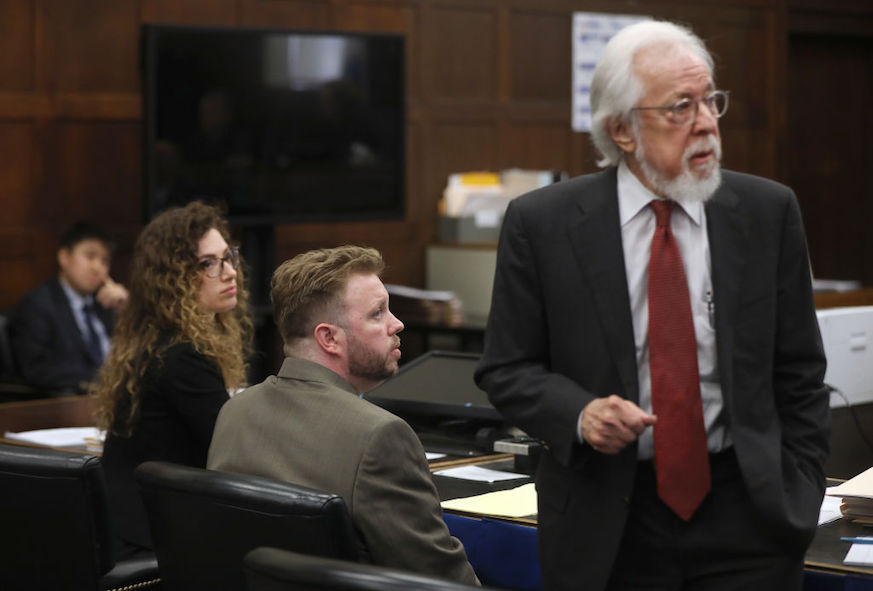 Defense attorney Jonathan Shapiro (right) introduces himself and Michael McCarthy (center) to potential jurors on May 22 ahead of the trial for the murder of Bella Bond.