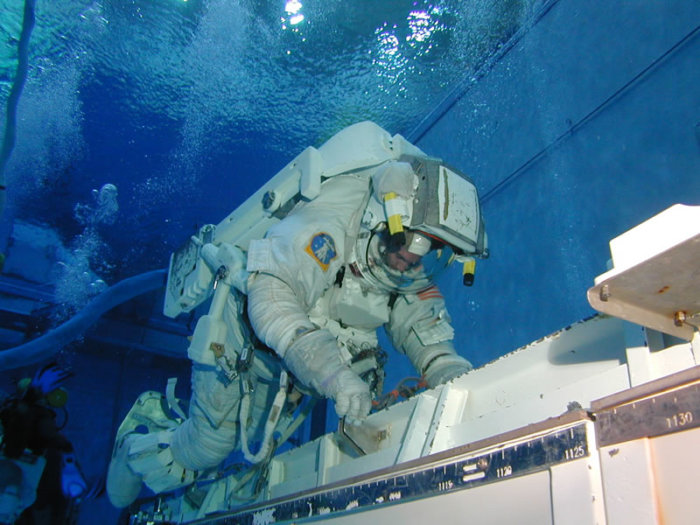 An astronaut training in the Neutral Buoyancy Laboratory at the NASA Johnson Space Center Houston.