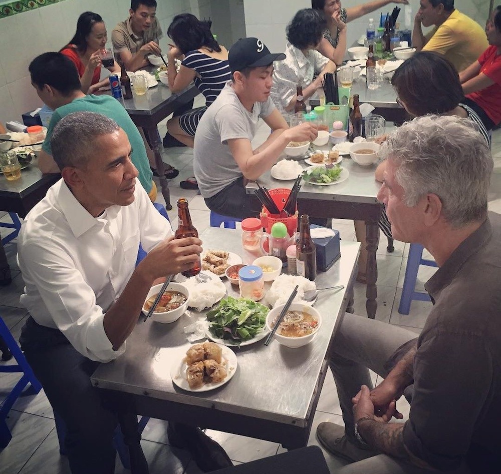 President Barack Obama and Anthony Bourdain, probably not discussing foreign policy.