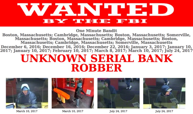 The FBI is searching for the 'One Minute Bandit," a man they say has robbed 10 Boston-area banks. Photo: FBI