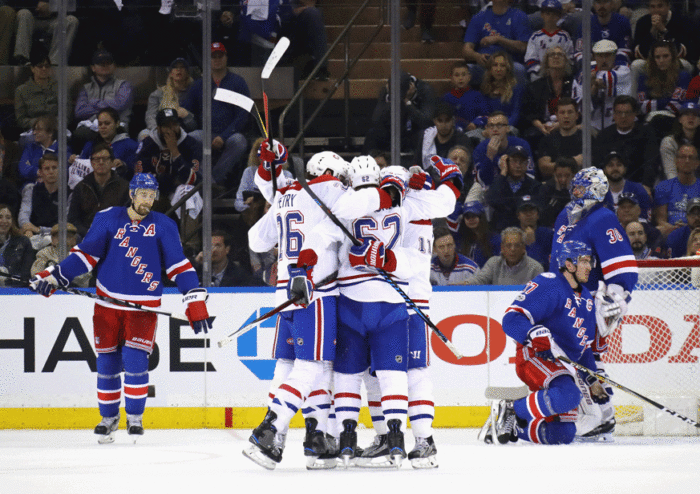 The Canadiens celebrate after Artturi Lehkonen opens the scoring during Game 3 of the Eastern Conference first round against the New York Rangers. (Getty Images)
