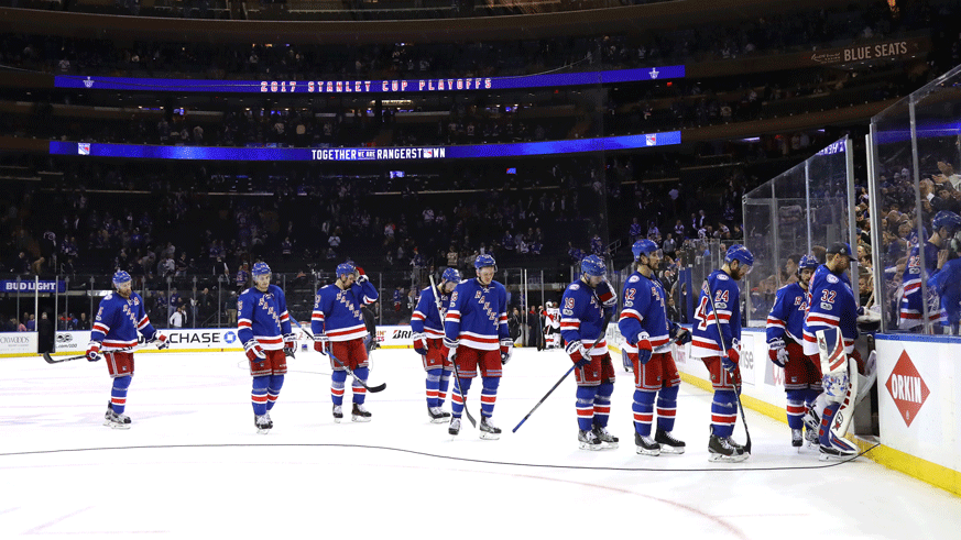 The Rangers skate off the Madison Square Garden ice after their Game 6 loss to the Ottawa Senators eliminated them from the Stanley Cup playoffs. (Photo: Getty Images)