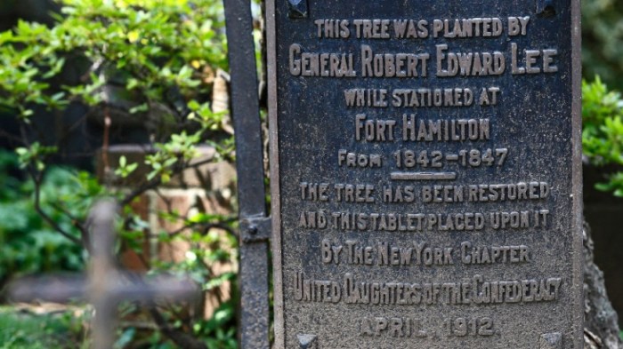 A plaque commemorating a tree planted by Confederate Army Gen. Robert E. Lee in Brooklyn is being removed.