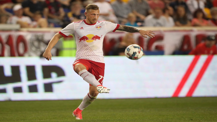 Red Bulls midfielder Daniel Royer brings down a cross during a MLS match against the Chicago Fire. (Getty Images)