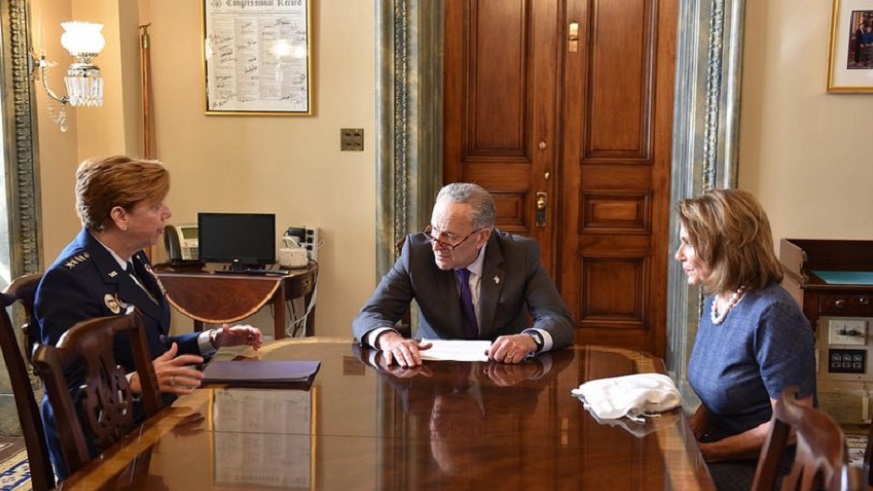 Sen. Schumer during a meeting last week with U.S. Air Force Gen. Lori Robinson, who runs the military's Puerto Rico relief efforts. (Image via Twitter/@SenSchumer)