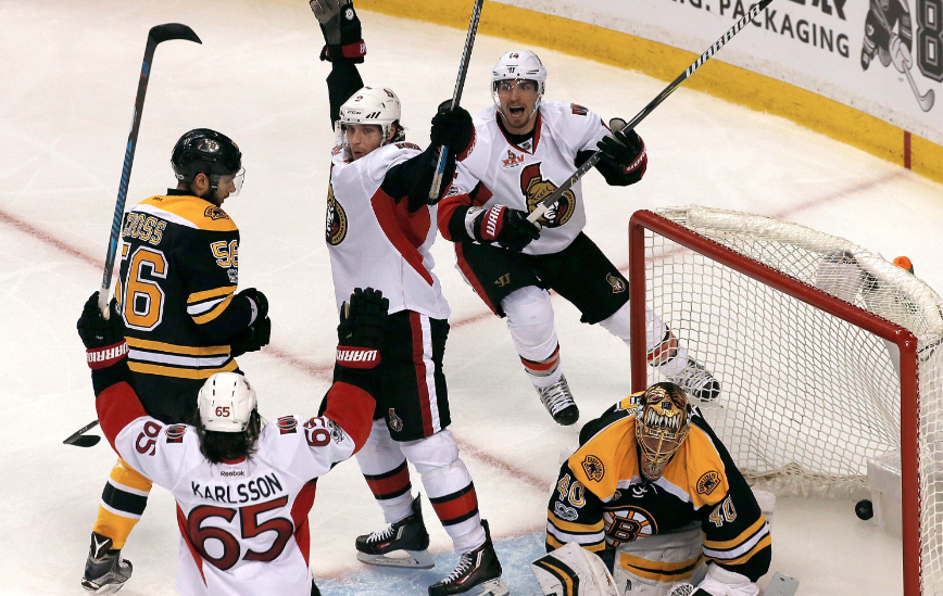 The Senators celebrate a walk-off win in Game 3.