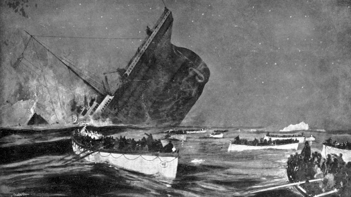 This uncredited drawing, titled The Doomed Titanic, shows the ship's final plunge into the Atlantic Ocean on April 15, 1912. Source: Getty Images